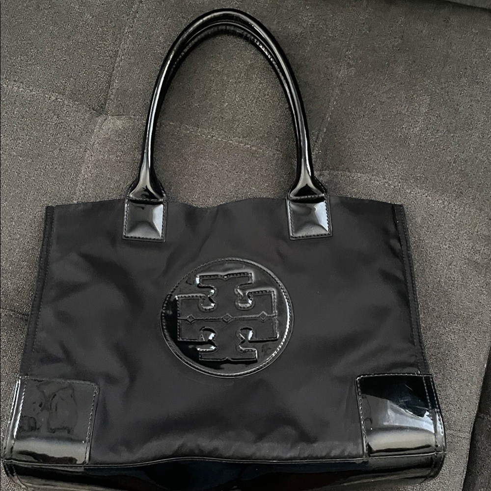 Tory Burch small Black Ella Tote with Glossy Details